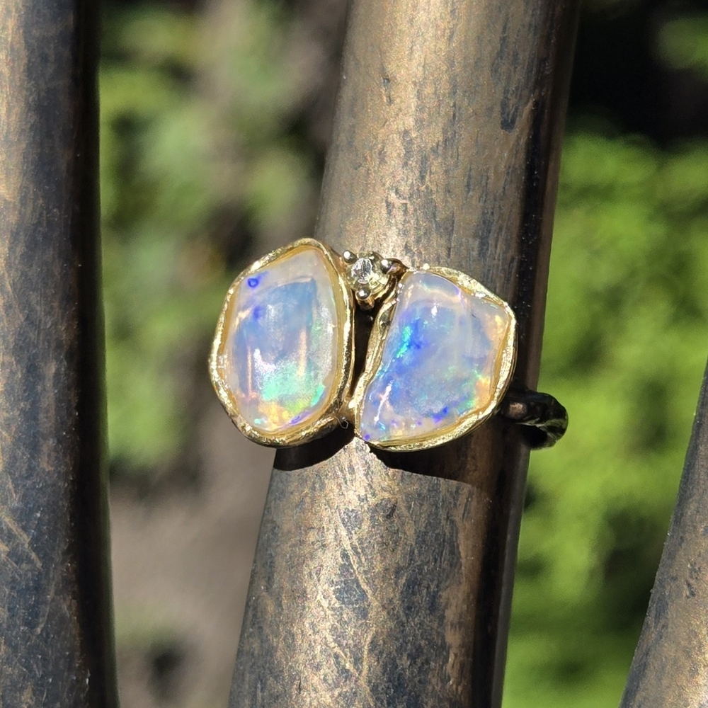 Opal Dual 6k Each Natural Gemstone Sterling Rhodium & Gold Ring Sz6.75 - Picture 6 of 10